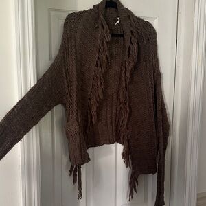 Free People Chunky Brown Fringe Cardigan